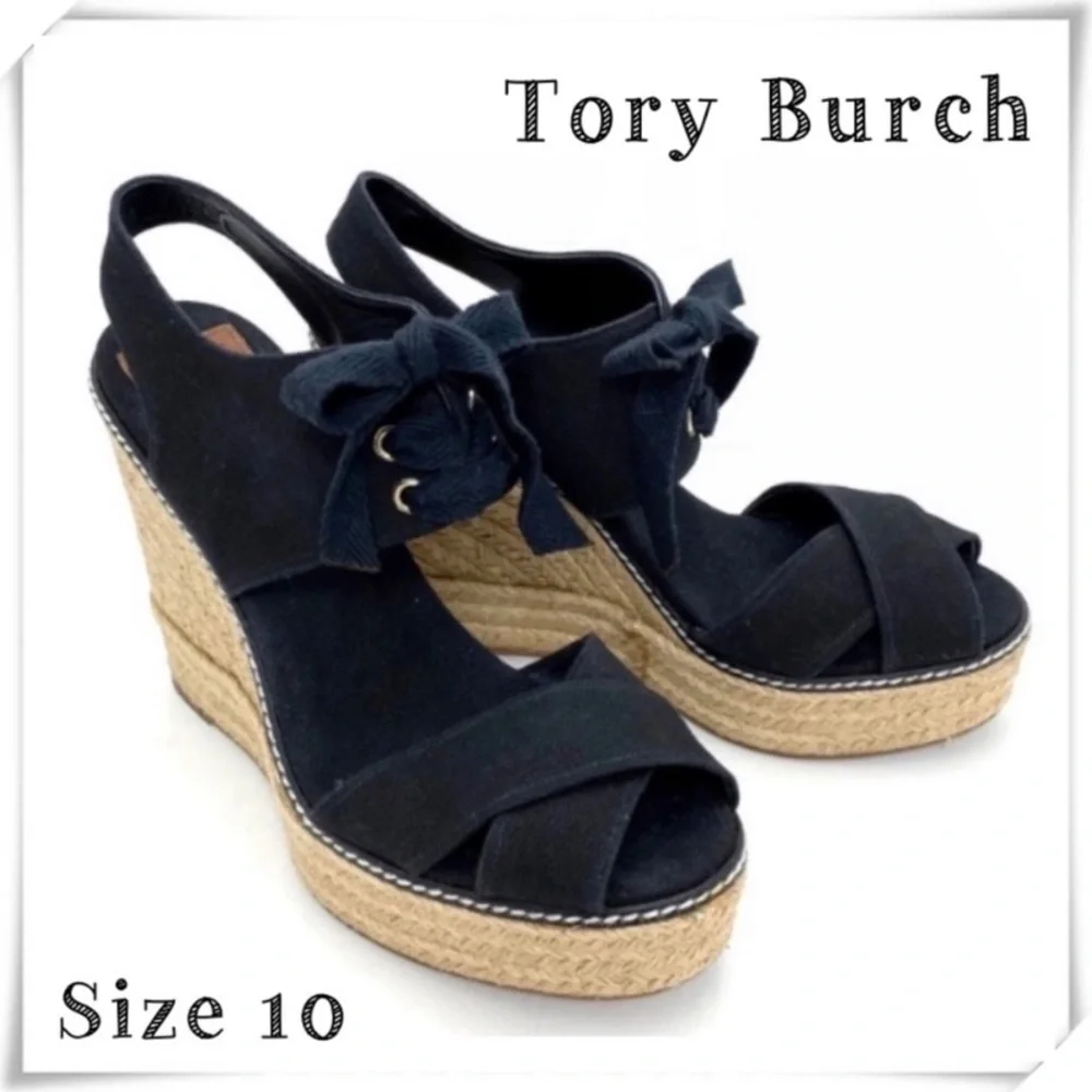 TORY Burch Cross Strap Canvas Ankle Lace up Espadrilles Wedge Sandal Black Sz 10